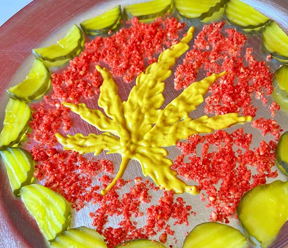 Mustard cannabis leaf with pickles Mustard cannabis leaf with pickles and spicy chip crumbs