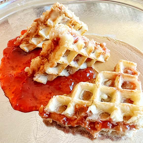 Peanut butter and jelly waffles Lightly toasted peanut butter and jelly waffles